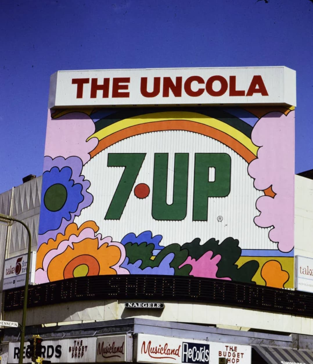 billboard - take The Uncola 7Up Naegele Hennepin B The Reds Musieland Musicland Records The Budget Whop tak